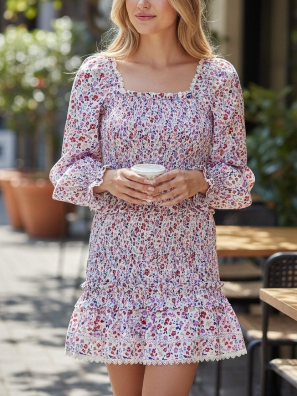 Cake For Dinner Smocked Eyelet Crochet Floral Print Mini Dress Women's size XS
